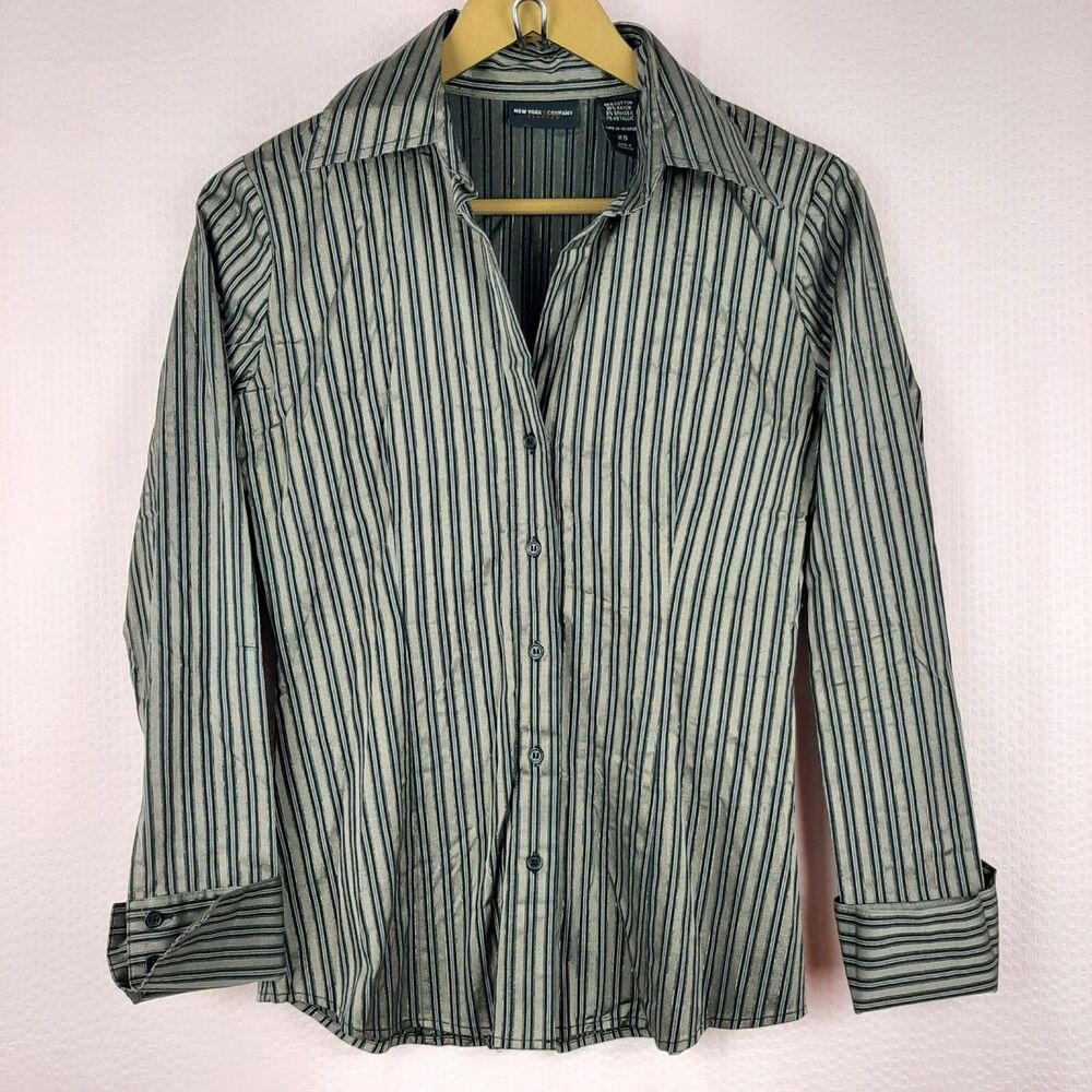 New York and Company Stretch Women Striped Button Up Shirt Metallic Career XS